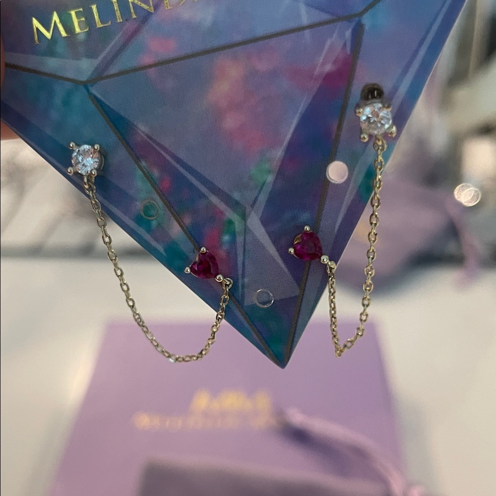 Melinda Maria Gold Chain Earrings with Red Hearts - Picture 3 of 3